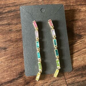 Gold pink multicolor baguette crystal long drop statement earrings Kendra Anthro